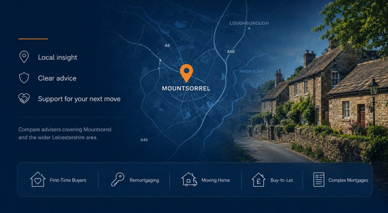 Mortgage Broker in Mountsorrel hero image featuring a local map pin, Mountsorrel village streetscape, and mortgage advice icons for homebuyers and property owners.