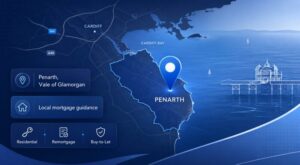 Mortgage Broker in Penarth location map highlighting Penarth, Vale of Glamorgan, with local mortgage guidance icons in Connect Experts blue branding.