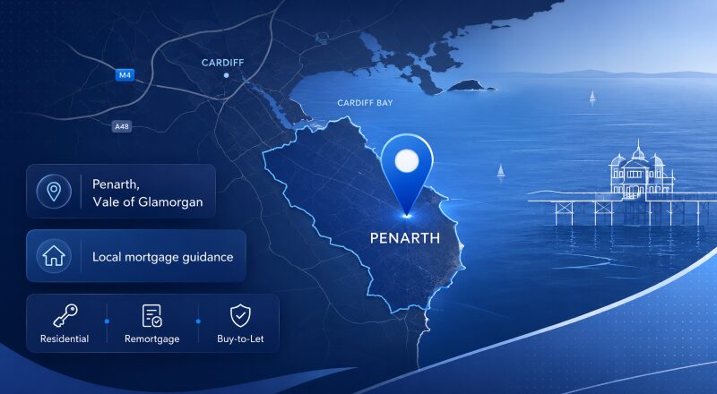 Mortgage Broker in Penarth location map highlighting Penarth, Vale of Glamorgan, with local mortgage guidance icons in Connect Experts blue branding.