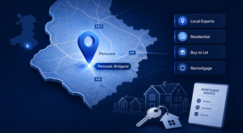 Mortgage Broker in Pencoed location map with property and mortgage advice icons.