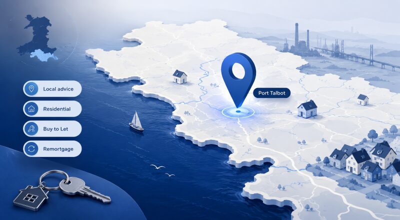 Mortgage Broker in Port Talbot location map with property icons, mortgage services, and a highlighted Port Talbot location pin.