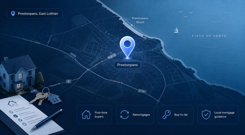 Mortgage Broker in Prestonpans location map with property, keys and mortgage guidance icons in dark blue branding.