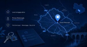Mortgage Broker in Princes Risborough location map with mortgage advice icons and property keys in Connect Experts blue branding.