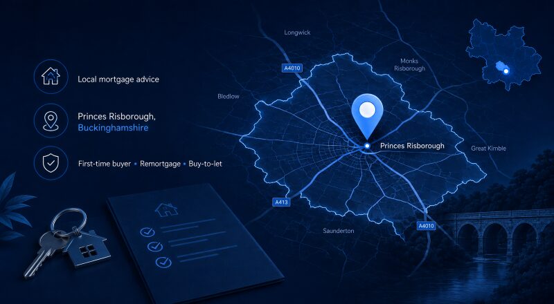 Mortgage Broker in Princes Risborough location map with mortgage advice icons and property keys in Connect Experts blue branding.