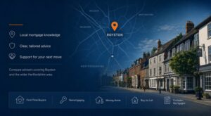 Mortgage Broker in Royston hero image featuring a local Hertfordshire map, Royston location pin, traditional town streets and mortgage advice icons.
