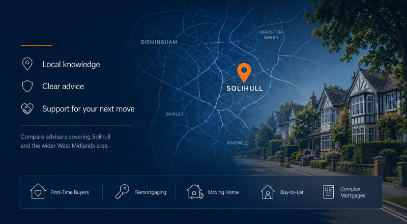 Mortgage Broker in Solihull hero image featuring a local Solihull map, location pin, residential streets and mortgage advice icons.