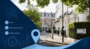 Mortgage Broker in St John’s Wood hero image featuring elegant townhouses, leafy streets and home finance icons in dark and light blue.
