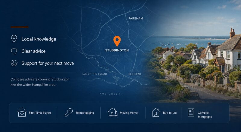 Mortgage Broker in Stubbington hero image featuring a local Stubbington map and location pin, Hampshire coastal homes, and mortgage advice icons.