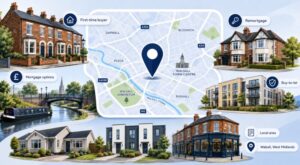 Mortgage Broker in Walsall hero image featuring a Walsall location map, local property types, canal scenery, and mortgage service icons.