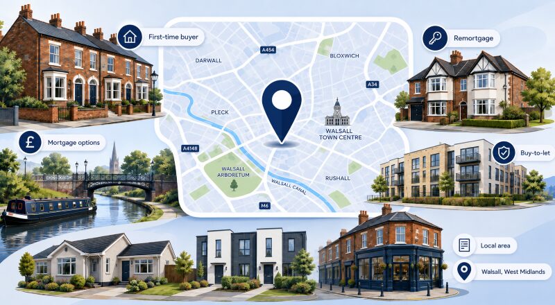 Mortgage Broker in Walsall hero image featuring a Walsall location map, local property types, canal scenery, and mortgage service icons.