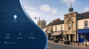 Mortgage Broker in Watton, Norfolk, with location map pin and local town centre landmarks, highlighting residential, buy-to-let and remortgage advice.