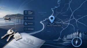 Mortgage Broker in Weston-Super-Mare location map featuring the seafront, property keys, mortgage documents, and local mortgage service icons.