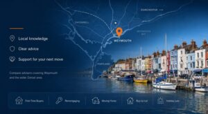 Mortgage Broker in Weymouth hero image featuring a local Weymouth map with location pin, harbourfront, boats, and mortgage advice icons for homebuyers, landlords, and property owners.