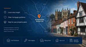 Mortgage Broker in Wimborne Minster hero image featuring a Dorset location map, local landmark architecture and mortgage service icons.