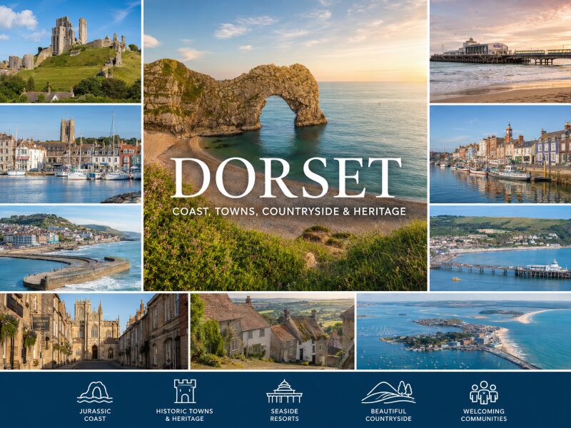 Mortgage Brokers in Dorset with Dorset landmarks including Durdle Door, Corfe Castle, Bournemouth, Weymouth, Swanage, Sherborne and Poole Harbour.