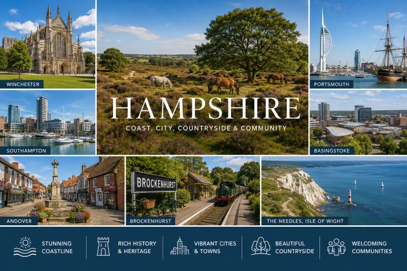 Mortgage Brokers in Hampshire hero image featuring Winchester, Southampton, Portsmouth, Basingstoke, Andover, Brockenhurst and Lymington, highlighting Hampshire’s coastline, heritage, countryside, cities, towns and communities.