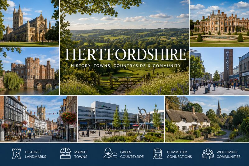 Mortgage Brokers in Hertfordshire with views of local towns, historic landmarks, countryside, commuter connections and Hertfordshire communities.