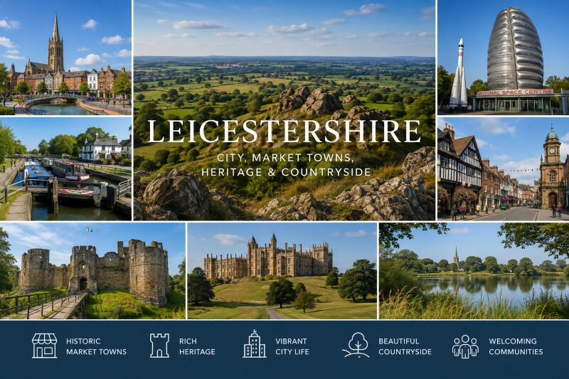 Mortgage Brokers in Leicestershire featuring Leicester, historic market towns, local heritage and Leicestershire countryside.