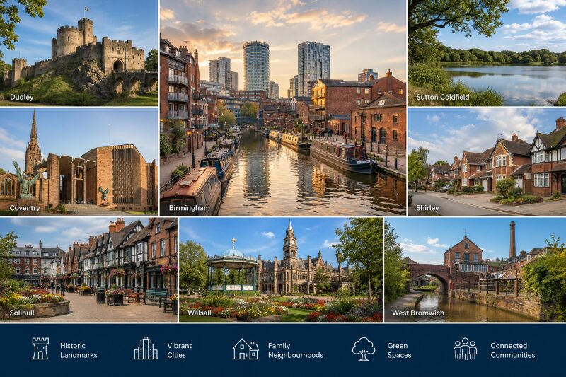Mortgage Brokers in the West Midlands collage featuring Birmingham, Coventry, Dudley, Sutton Coldfield, Shirley, Solihull, Walsall and West Bromwich landmarks, neighbourhoods and green spaces.