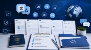 Mortgage Documents Explained by Multilingual Brokers, featuring mortgage paperwork, a document checklist, language icons and translation symbols.