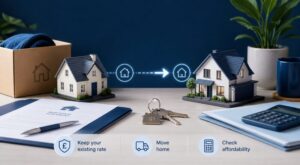 Mortgage Porting When Moving Home, showing an existing mortgage transferring between two properties with house models, keys and moving boxes.