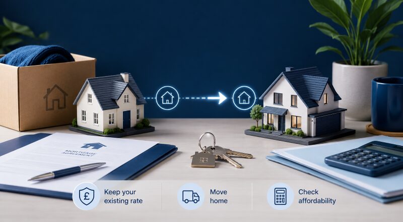 Mortgage Porting When Moving Home, showing an existing mortgage transferring between two properties with house models, keys and moving boxes.