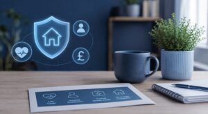 Mortgage Protection for Self-Employed Borrowers, illustrated with home, health, income and protection icons on a professional desk.