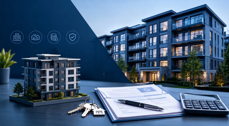 Multi-Unit Freehold Block Mortgages represented by a modern apartment block, property model, keys, mortgage documents and calculator.