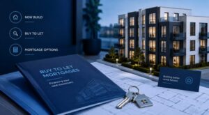 New-Build Buy-to-Let Mortgages with modern apartments, property keys, blueprints and mortgage planning materials.