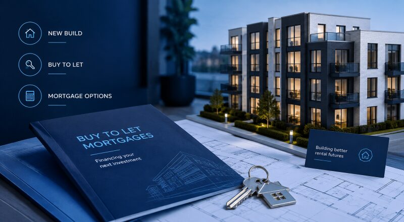 New-Build Buy-to-Let Mortgages with modern apartments, property keys, blueprints and mortgage planning materials.