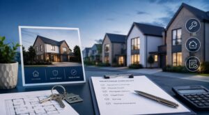 New-Build Mortgages for First-Time Buyers with modern homes, house keys and a mortgage checklist.