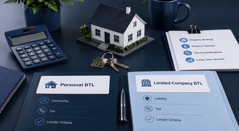 Personal or Limited Company Buy-to-Let comparison with a house model, property keys, calculator and finance documents.