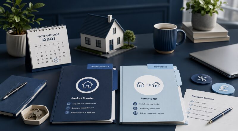 Product Transfer or Remortgage Before Rate Ends comparison, with mortgage folders, house model, calendar and checklist.