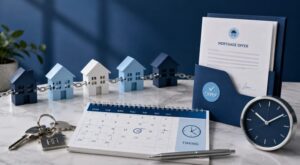 Property Chains and Mortgage Offer Timing illustrated with linked model homes, a mortgage offer, calendar, clock and house keys.