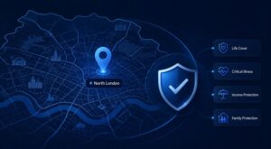 Protection Adviser in North London with location map, protection shield, life cover, critical illness, income protection and family protection icons.