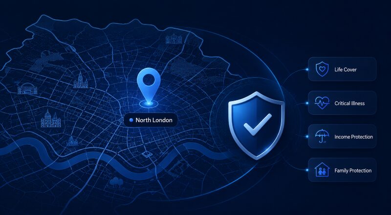 Protection Adviser in North London with location map, protection shield, life cover, critical illness, income protection and family protection icons.
