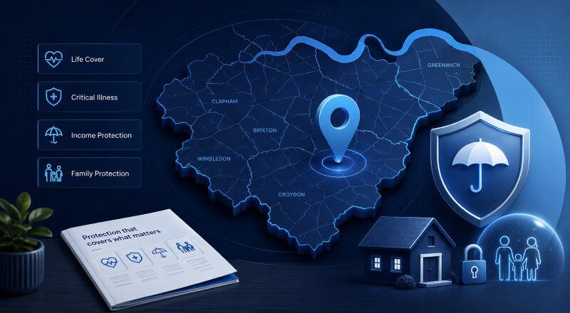 Protection Adviser in South London with location map, protection shield, life cover, critical illness and income protection icons.