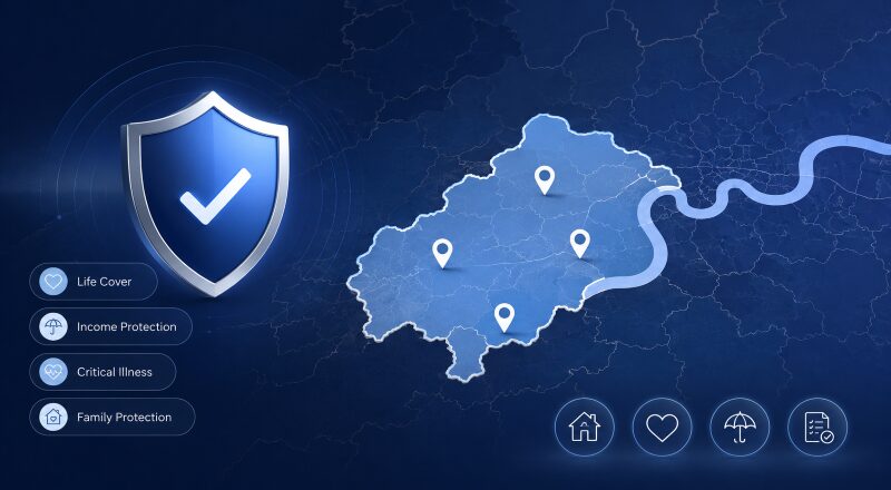 Protection Adviser in South West London with location map pins, protection shield, and life cover, income protection, critical illness and family protection icons.