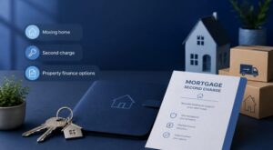 Second Charge Mortgage When Moving House hero image showing a branded blue desk scene with mortgage paperwork, house keys, a property folder, moving boxes and a model home, representing finance options when moving house.