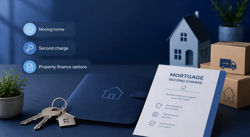 Second Charge Mortgage When Moving House hero image showing a branded blue desk scene with mortgage paperwork, house keys, a property folder, moving boxes and a model home, representing finance options when moving house.