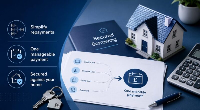 Second Charge Mortgage for Debt Consolidation with secured borrowing documents, house model, calculator and simplified repayment icons.
