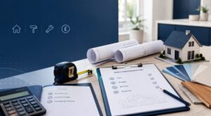 Second Charge Mortgages for Home Improvements with house model, renovation plans, finance checklist, paint samples and building tools.
