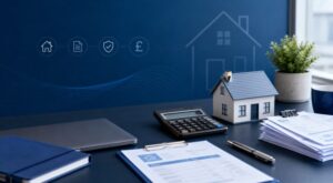 Second Charge Mortgages for Self-Employed homeowners, represented by a house model, calculator and financial documents.