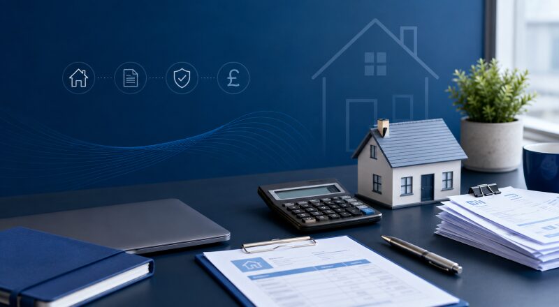 Second Charge Mortgages for Self-Employed homeowners, represented by a house model, calculator and financial documents.