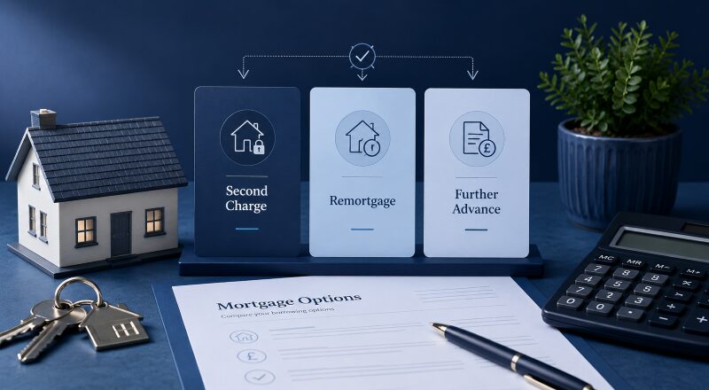Second Charge vs Remortgage or Further Advance comparison featuring a house model, mortgage option cards, paperwork, keys and calculator.