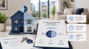 Shared Ownership Mortgages for First-Time Buyers, illustrated by a split-share model home, keys and mortgage documents.