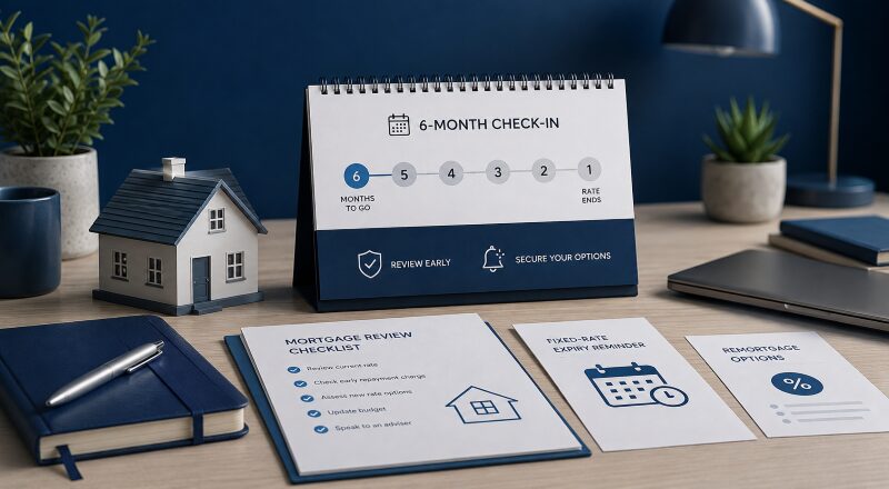 Six Months Before Your Mortgage Rate Ends – mortgage review calendar, house model and fixed-rate expiry checklist.