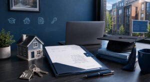Student Buy-to-Let Mortgages with property model, keys, mortgage documents and graduation cap.