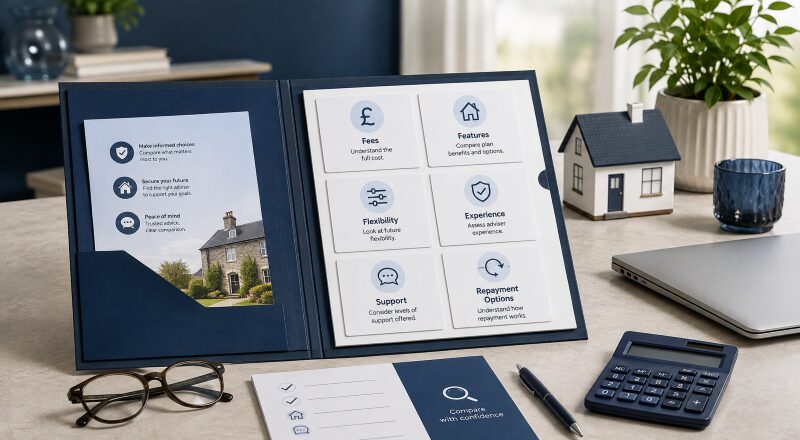 What Equity Release Advisers Should Compare professional desk scene with comparison folder, checklist, calculator, house model, and branded blue documents.