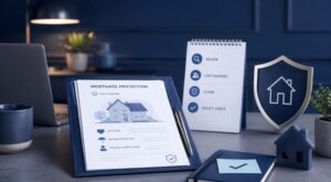 When to Review Mortgage Protection Insurance documents, policy checklist and home protection icons on a blue office desk.